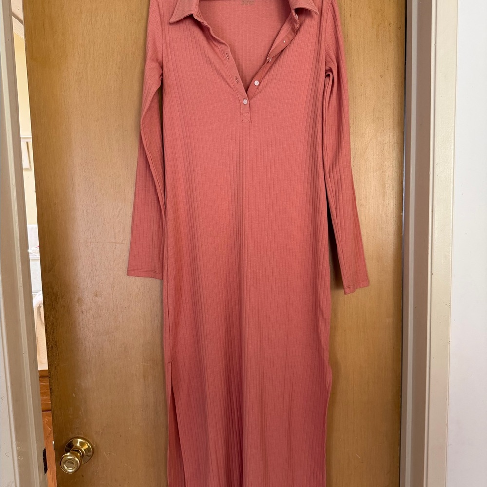 aerie Long-Sleeve Ribbed Maxi Dress in peach